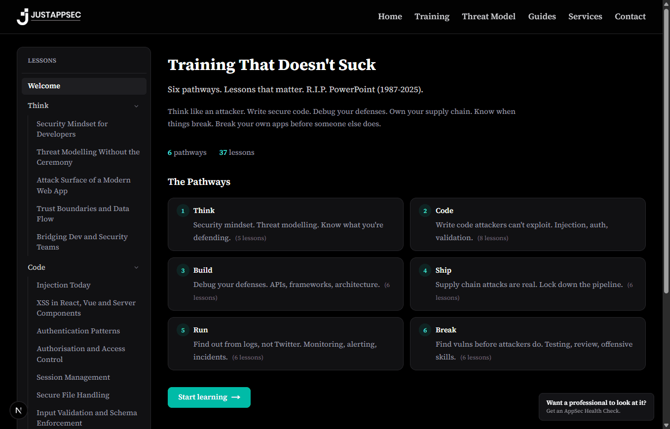 JustAppSec training course page